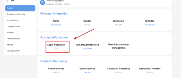 Chọn Edit Password 8XBET